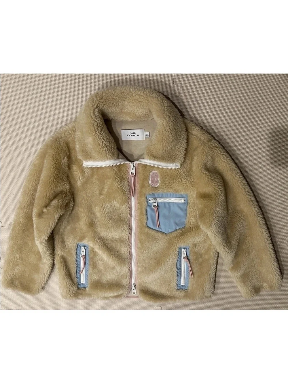 Coach 4584 Sherpa Fleece Zip Jacket, Colorblock Trim Retro Oval C Logo Gorpcore
